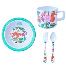 兒童餐具4件組, 野生植物款, 麥片碗+叉子+湯匙+馬克杯