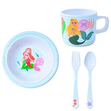 兒童餐具4件組, 美人魚款, 麥片碗+叉子+湯匙+馬克杯
