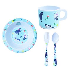 兒童餐具4件組, 貓咪款, 麥片碗+叉子+湯匙+馬克杯
