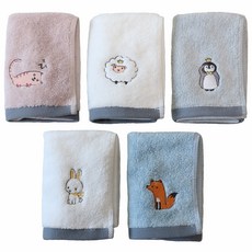 semoms 莫代爾動物刺繡毛巾5件組, 羊, 企鵝, 貓咪, 兔子, 狐狸, 1套