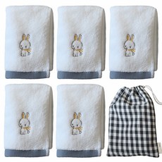 SEMOMS 莫代爾刺繡毛巾 5入+收納袋組, 白兔子, 1套