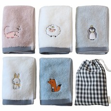 SEMOMS 莫代爾動物刺繡毛巾+收納袋, 綿羊+企鵝+貓咪+兔子+狐狸款, 1組