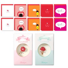 2Youngdesign 迷你祝賀感謝卡 5 種 10p + 康乃馨感謝胸針 2 種套組, 混色, 1套