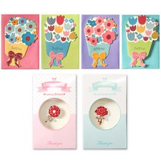 2Youngdesign 康乃馨謝謝胸針2款+復古花束卡4款套組, 混色, 1套