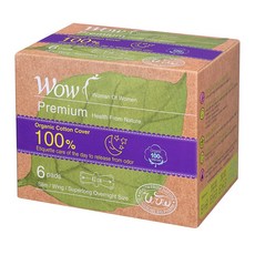 와우 프리미엄 오가닉 코튼 커버 오버나이트 생리대 날개형, 슈퍼롱, 6개입, 1개