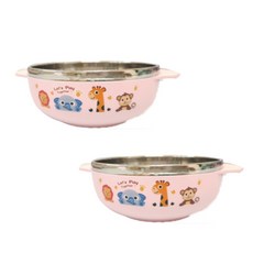 動物不鏽鋼兒童碗, 粉色, 2入