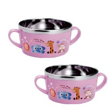 孩童雙握把不鏽鋼餐碗, 粉色, 2入
