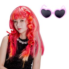 派對用漂亮女孩假髮 + 愛心眼鏡組, 粉紅色
