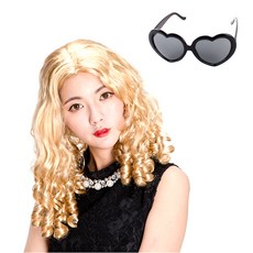 派對用波浪假髮 + 愛心眼鏡組, 假髮(金色), 眼鏡(黑色)