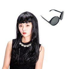 派對用長髮假髮 + 圓框眼鏡組, 黑色