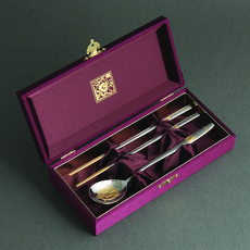 Inspoon 韓國製造24K鍍金長壽龜不鏽鋼餐具組, 銀色, 湯匙 + 筷子 + 錦盒 + 購物袋, 1組