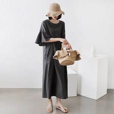 PANG PANG SHOP 亞麻荷葉袖孕婦連身裙