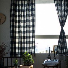 Gold Yarn大格子小窗簾 2入+窗簾繩, 象牙色+黑色