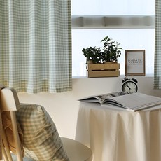 Gold Yarn天然翻蓋格紋小窗簾 2入+窗簾繩, 淡色薄荷