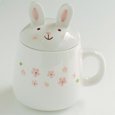 陶瓷動物造型蓋子馬克杯 390ml, 兔子+櫻花, 1個