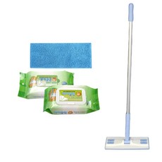 aclean 手持拖把清潔器 白色 + 天空藍 小型 25公分 + 超細纖維墊 藍色 + 濕拖布 + 靜電除塵布 套組, 1套