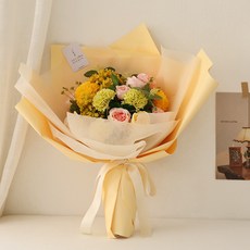 더플라워마켓 조화 어버이날 믹스 플라워 감사텍 꽃다발, 옐로우, 1개