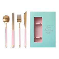 보겐 카라 1인 커트러리 세트, 골드 핑크, 디너스푼 + 젓가락 1벌 + 포크 + 나이프 + 선물상자