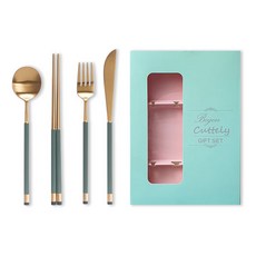 보겐 카라 1인 커트러리 세트, 골드 올리브, 디너스푼 + 젓가락 1벌 + 포크 + 나이프 + 선물상자