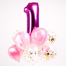 파티해 첫돌 컨페티풍선 25p + 손펌프 랜덤발송 +컬링리본 + 스펀지닷 세트, 핑크, 1세트