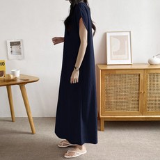 BORIMOM 亞麻口袋孕婦落肩短袖連身裙