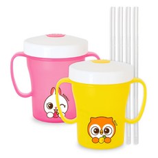 에디슨 국산 프렌즈 흘림방지 양손 빨대컵2 250ml x 2종 + 실리콘 빨대 4p, 부엉이 올리, 토끼 래니, 1세트