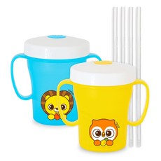 에디슨 국산 프렌즈 흘림방지 양손 빨대컵2 250ml x 2종 + 실리콘 빨대 4p, 부엉이 올리, 사자 하이언, 1세트