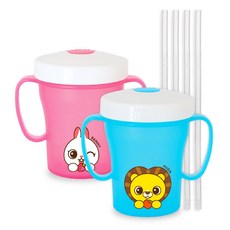 에디슨 국산 프렌즈 흘림방지 양손 빨대컵2 250ml x 2종 + 실리콘 빨대 4p, 사자 하이언, 토끼 래니, 1세트