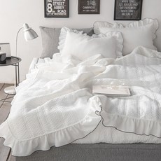 飯店風荷葉邊泡泡紗夏季薄被, 黑色 白色