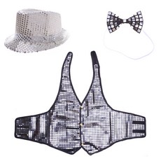 LivingDA 亮片帽子+亮片背心 S號+領結組, 銀, 1套