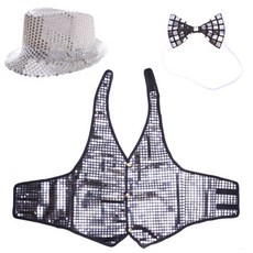 LivingDA 亮片帽子+亮片背心 M號+領結組, 銀, 1套