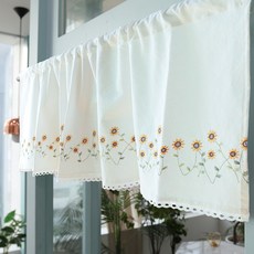 WOOREEDECO 向日葵刺繡蕾絲門簾, 米白色