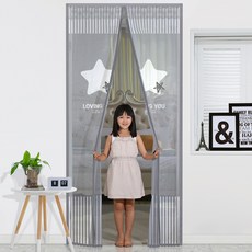 dashop 磁吸式印花防蚊門簾+扣帶 6入+固定磁鐵 4入, 星灰色（蚊帳），隨機發貨（磁鐵）