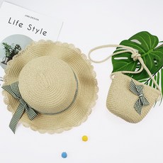 woojooi 格紋蝴蝶結草編包 + 帽子套組