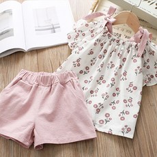 女童蝴蝶結綁帶小花圖案荷葉邊短袖短褲套裝