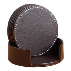Market Pio 皮革茶杯墊 6入 + 收納盒套組, 棕色圓形