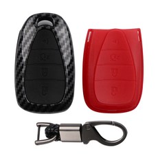 CARTEM 碳纖維鑰匙殼 + 2種矽膠鑰匙殼 + 鑰匙圈 + 螺絲起子套組, 黑色 + 紅色, C02