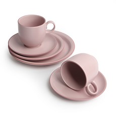 雙人用甜點餐具組, 粉色的, 麵包盤 + 甜點盤 + 玻璃杯 2p + 碟盤 2p