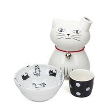愛卡貓清酒杯+玻璃水瓶+碗套組白色, 1套, 酒杯+玻璃瓶+碗