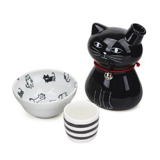 Aika貓咪酒杯+酒瓶+碗組 黑色, 1套, 酒杯+玻璃瓶+碗
