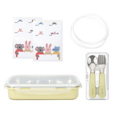 Dailylike 不鏽鋼孩童餐具+便當盒+矽膠圈+姓名貼組, 03號 淺綠色, 便當盒+湯匙+叉子+貼紙+替換用矽膠圈+貼紙