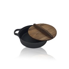 yummyon 雙耳鑄鐵壽喜燒湯鍋+木質鍋蓋, 20cm, 混色