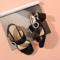 JACK&JILL 花朵寶石閃亮方鑽繫帶高跟涼鞋 JB0308, 黑色, 225