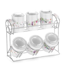 Corelle 康寧 印花調味料收納盒 6入, 1套, 3p 密封容器 + 3p 小號 + 2p 陶瓷手柄 + 金屬絲網