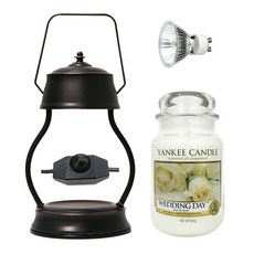 YANKee CANDLe Stella 亮度調節蠟燭暖燈 + 燈泡 + 大瓶蠟燭 套組, 暖燈(古銅色), 蠟燭(婚禮日)