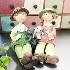 鄉村風小物 我的寵物坐姿可愛小情侶雕像, 混合顏色