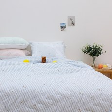 CHOUETTROOM 鴨子印花條紋泡泡紗夏季薄被, 藍色