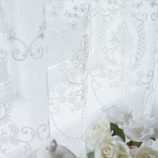 MaMaZ Home 法式刺繡蕾絲花紋窗簾, 白色