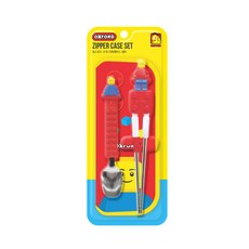 OXFORD 積木印花拉鍊餐具袋+造型湯匙+造型學習筷, 紅色, 1組, 湯匙+筷子+餐具袋