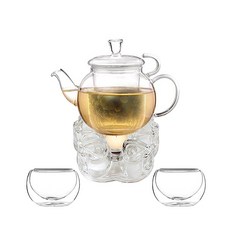 BELLE design 愛麗絲玻璃茶具組, 茶壺 400ml + 暖茶器 S + 雙層杯 30ml x 2入, 單品, 1套